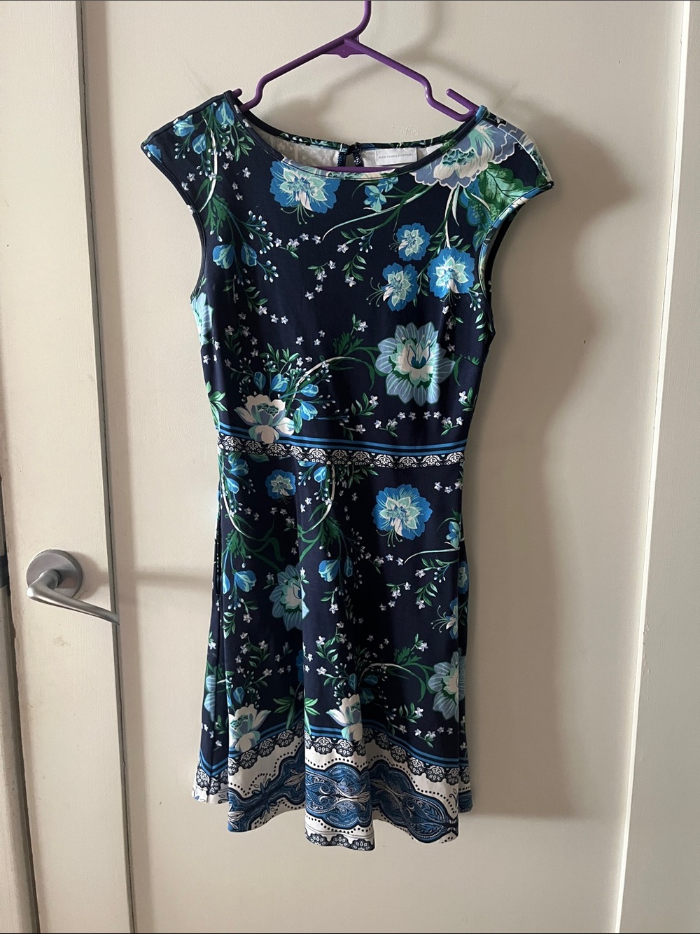 NY&Co Floral Fit-and-Flare Dress in Navy and Blue with pockets